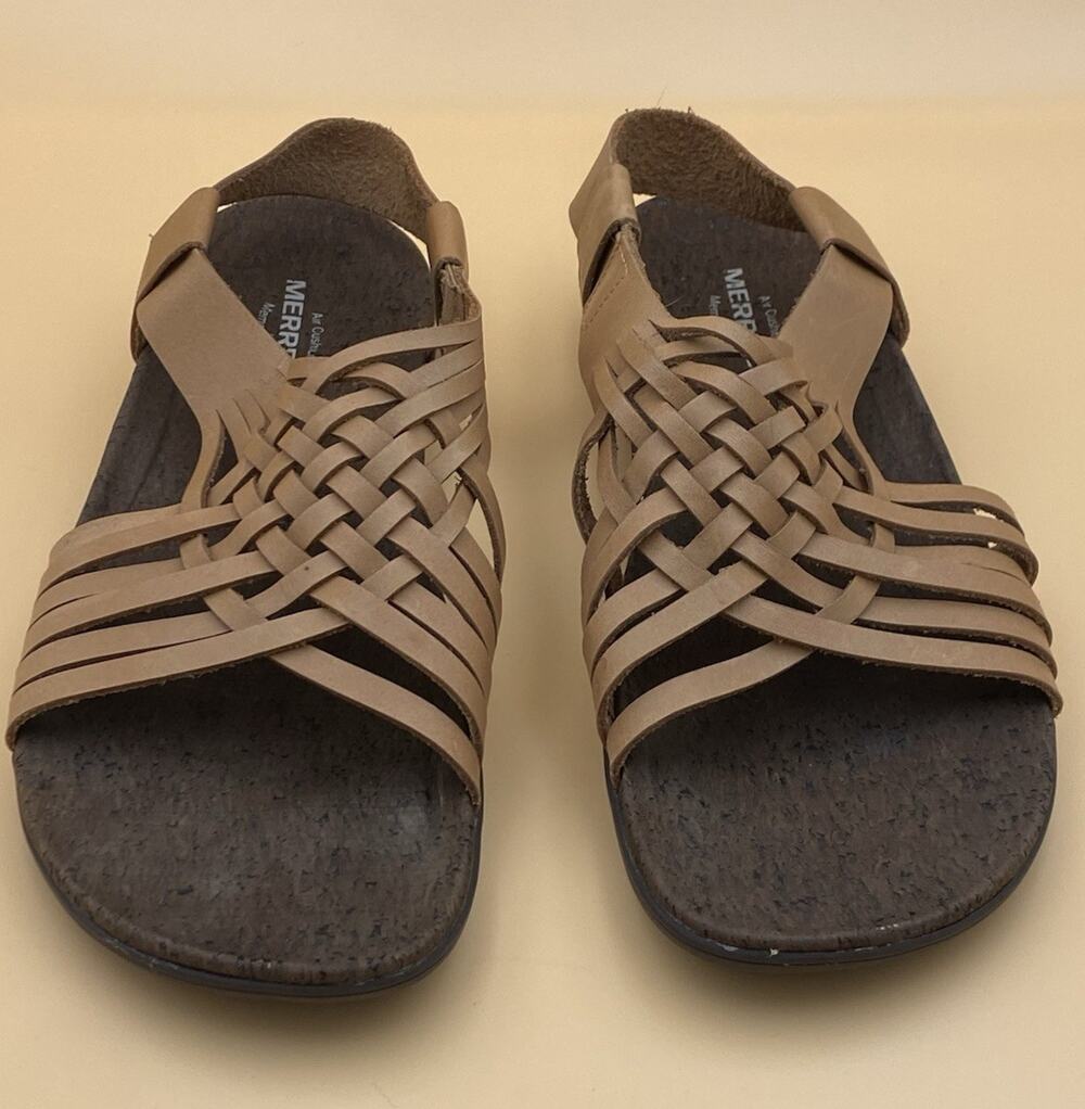 Merrell Strappy Slip On Sandals Tan Leather Woven Cushioned Comfort Women 11